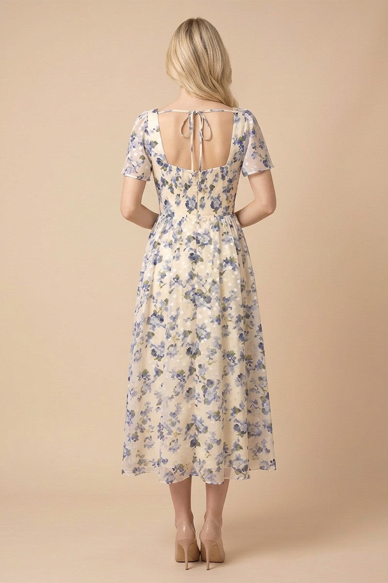 Floral Midi Dress With Short Sleeves And A Tie Back Detail