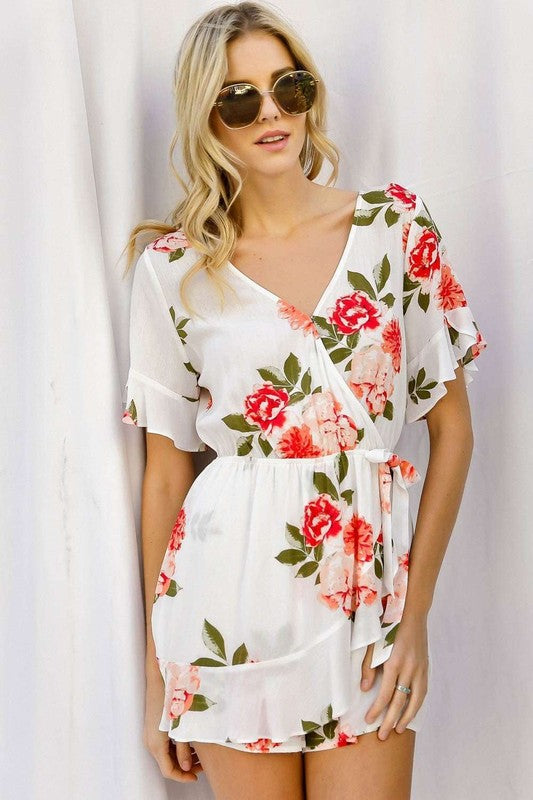 Short Sleeve Faux Surplice Wrap Romper