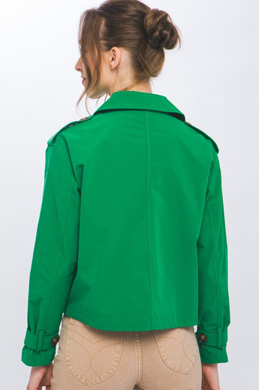 Long Sleeve Cropped Trench JAclet with Belt Sleeve Detail and Button Front Closure