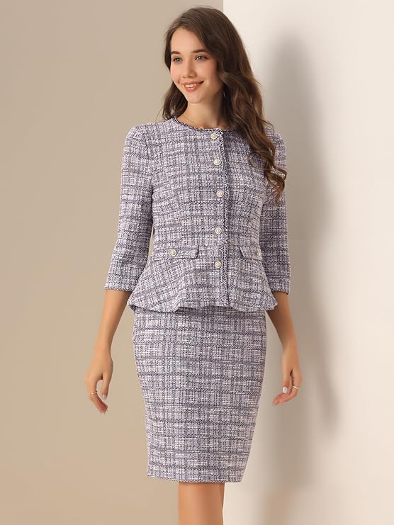 3/4 Sleeve Tweed Button Closure Blazer Dress with Peplum