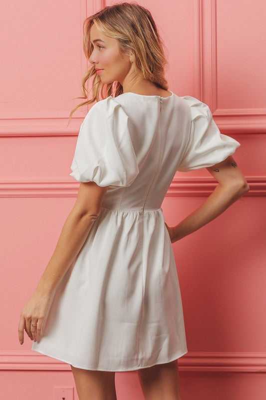 Short Puff Sleeve Bow Detail Notched V Neck Mini Baby Doll Dress
