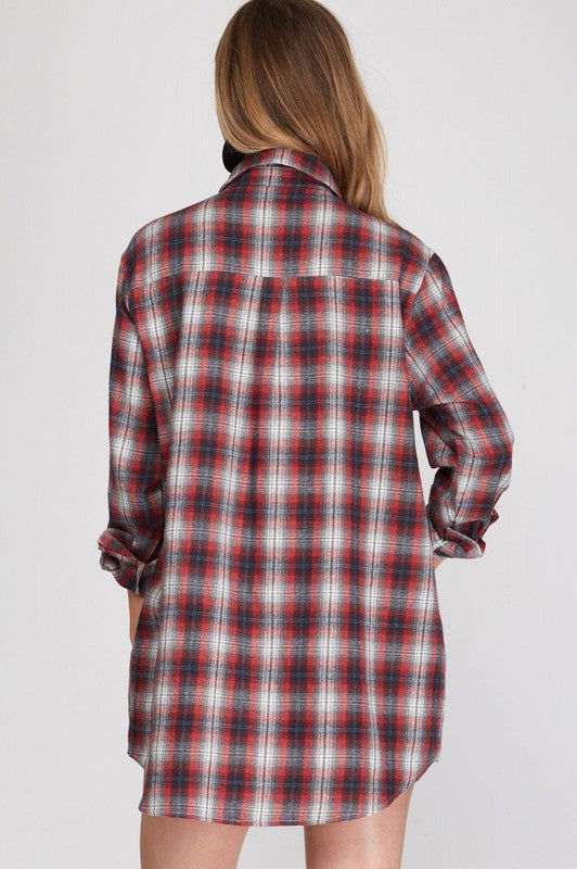 Long Sleeve Plaid Tunic Top with Pockets