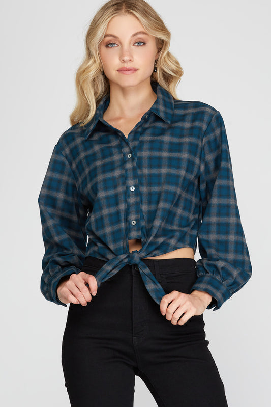 Long Sleeve Woven Plaid Buttondown Shirt with Front Tie Detail