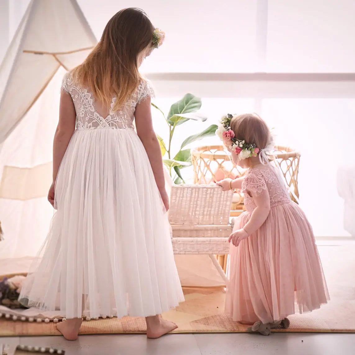 Girls Long Formal Dress with Tulle Skirt, Cap Lace Sleeves and Bodice