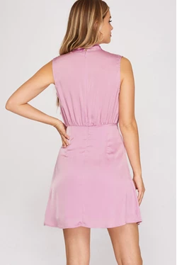Sleeveless Dull Satin Short Dress with Twist Front Neck Band Detail