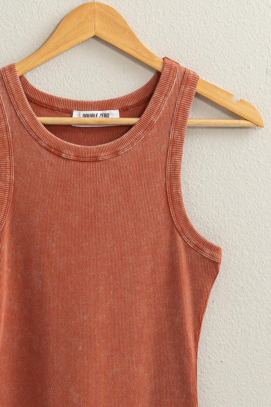 Acid Washed Ribbed Sleeveless Midi Tank Dress
