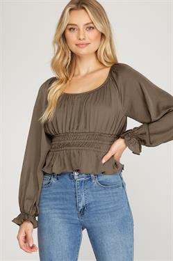 Long Sleeve Woven Satin Round Neck Top with Elastic Waist