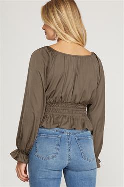 Long Sleeve Woven Satin Round Neck Top with Elastic Waist