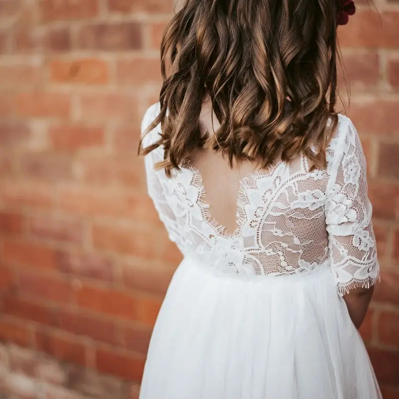 Girl Long Formal Dress with Tulle Skirt, 3/4 Lace Sleeve and Bodice