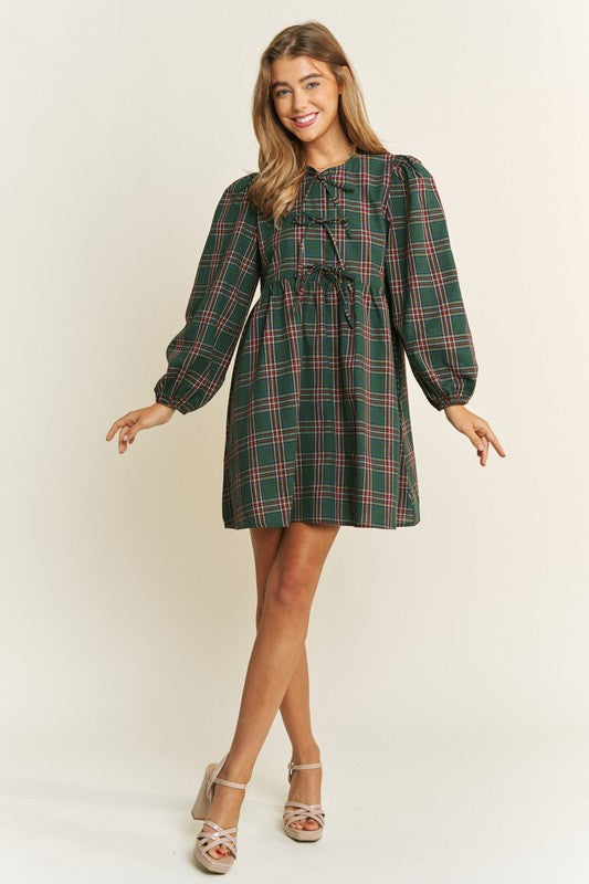 Long Puff Sleeve Babydoll Bow Accent Mini Plaid Dress