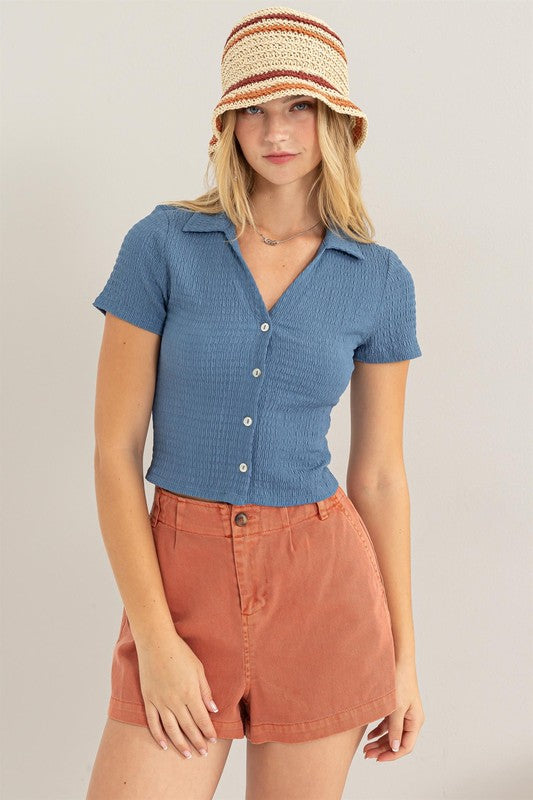 Short Sleeve Buttondown Crop Top