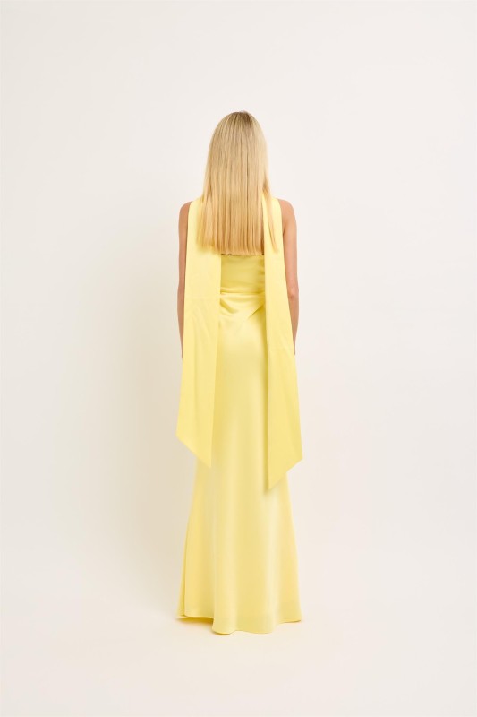 Strapless Bandeau Neckline Satin Maxi Dress with Matching Scarf