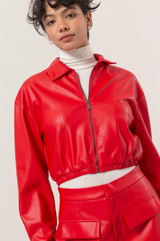 Long Sleeve Cropped Leather Zip Up Jacket