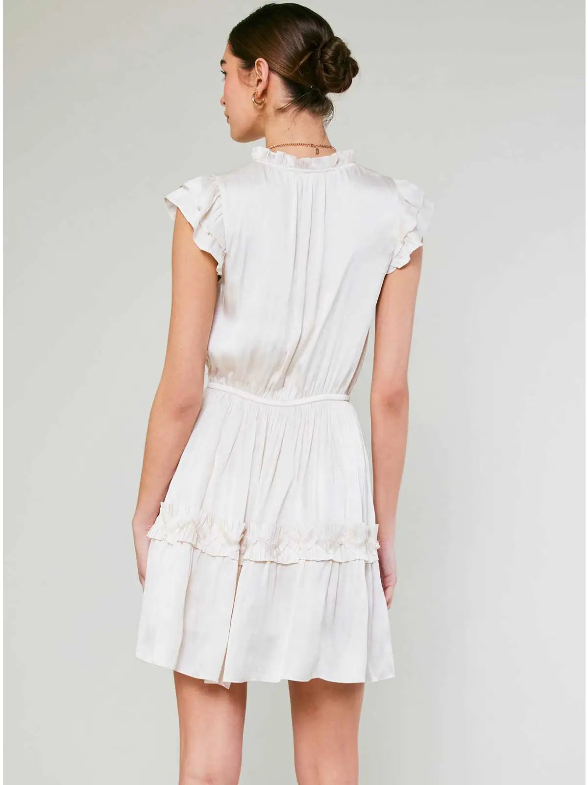 Flutter Sleeve Ruffle Detail Mini Dress with Elastic Cinch Waist