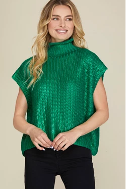 Sleeveless Mock Turtle Neck Metallic Foil Sweater Top