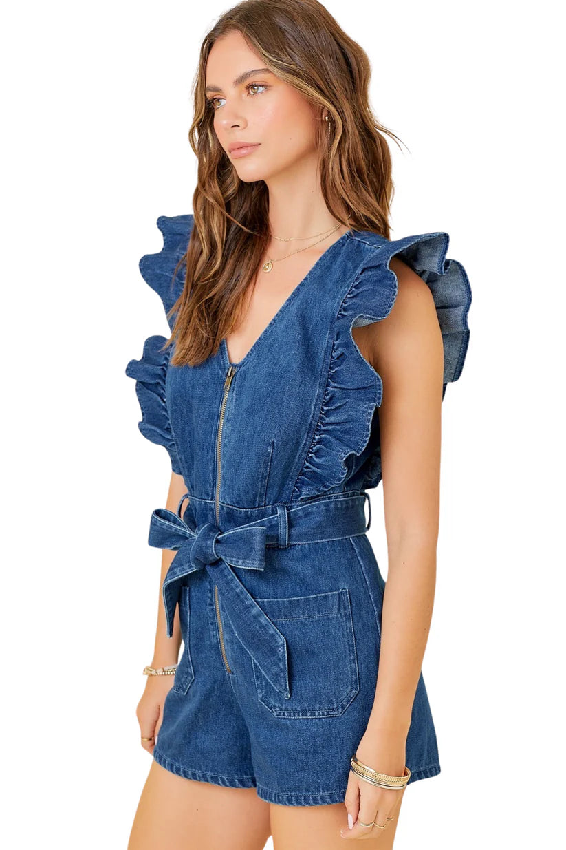 Sleeveless Ruffle Denim Romper
