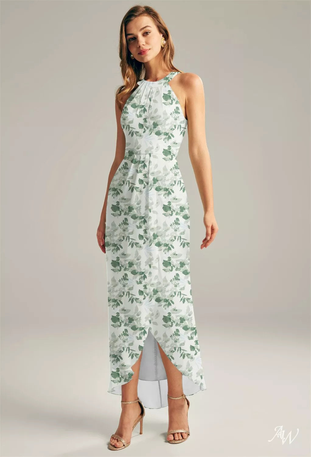 TEA GREEN CHIFFON FLORAL MAXI DRESS