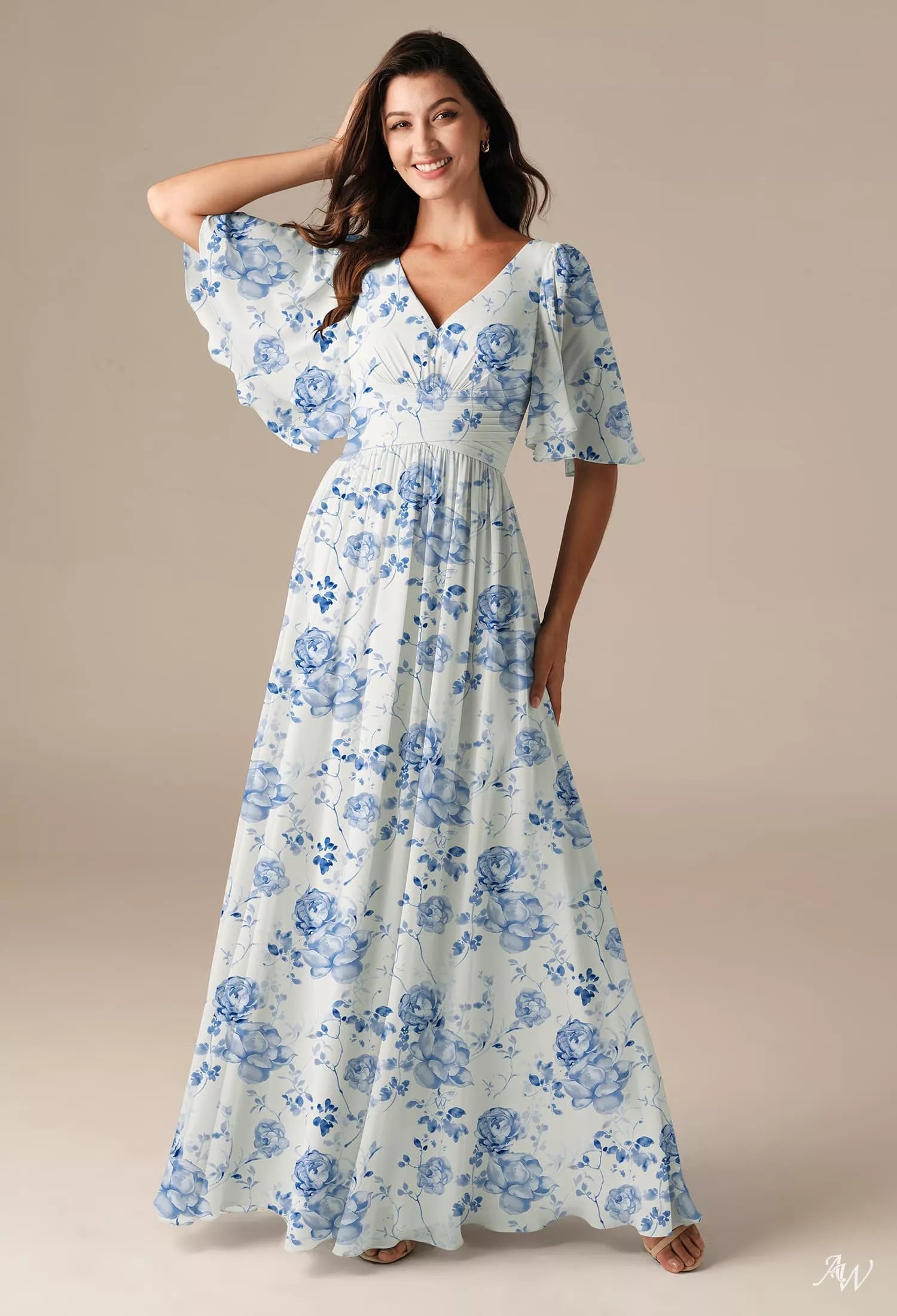 Short Flutter Sleeve V Neck Chiffon Fit and Flare Long Formal Dress Short Flutter Sleeve V Neck Chiffon Fit and Flare Long Formal Dress