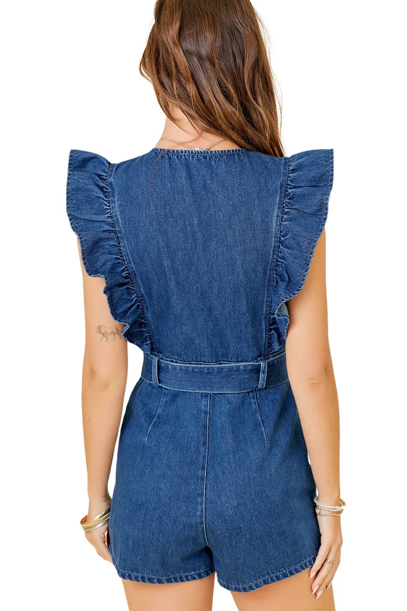 Sleeveless Ruffle Denim Romper