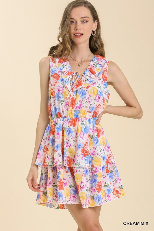 Sleeveless Floral Ruffle V Neck Mini Dress with Front Tie