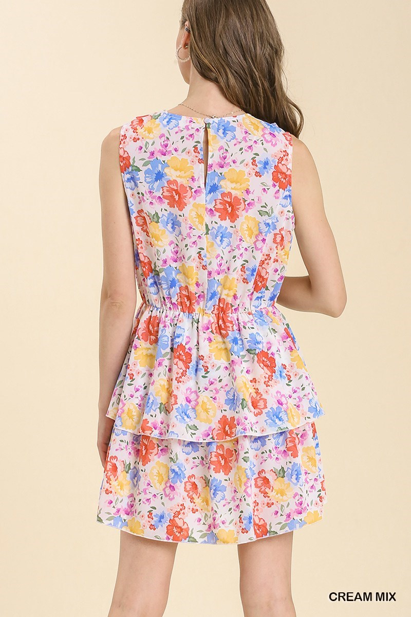 Sleeveless Floral Ruffle V Neck Mini Dress with Front Tie