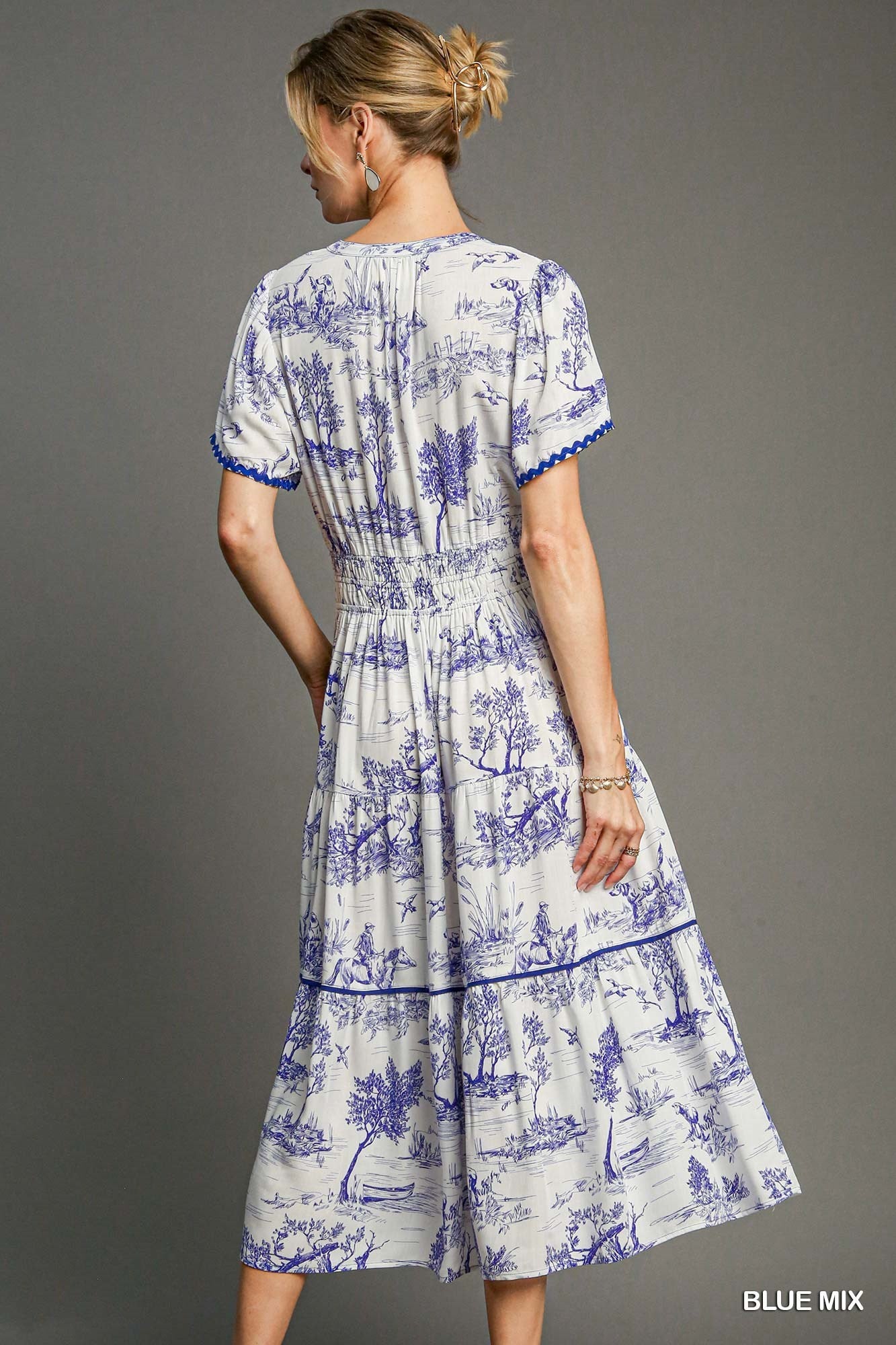 Short Sleeve Landscape Print Maxi Dress with Smocked Waist