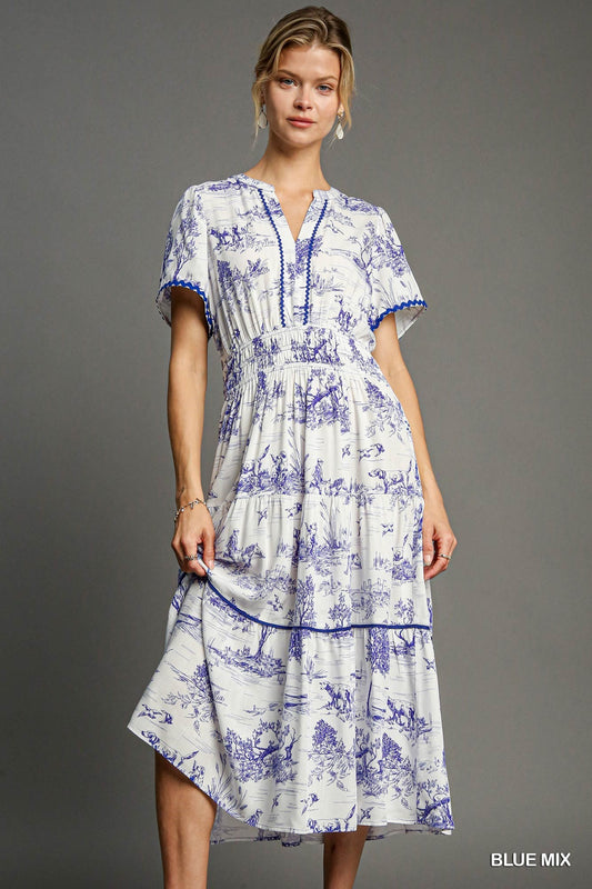 Short Sleeve Landscape Print Maxi Dress with Smocked Waist
