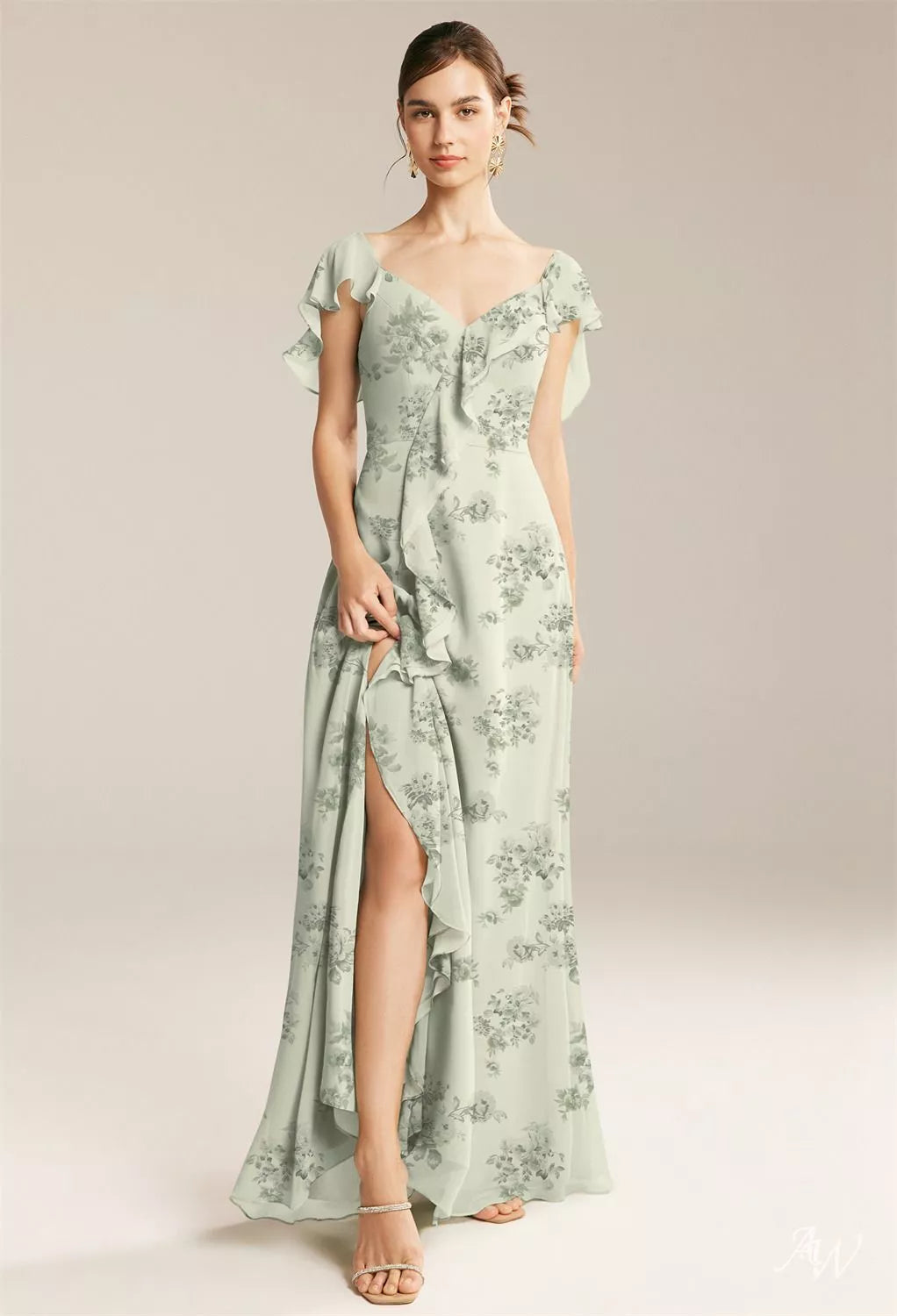 Green Floral Chiffon Maxi Dress