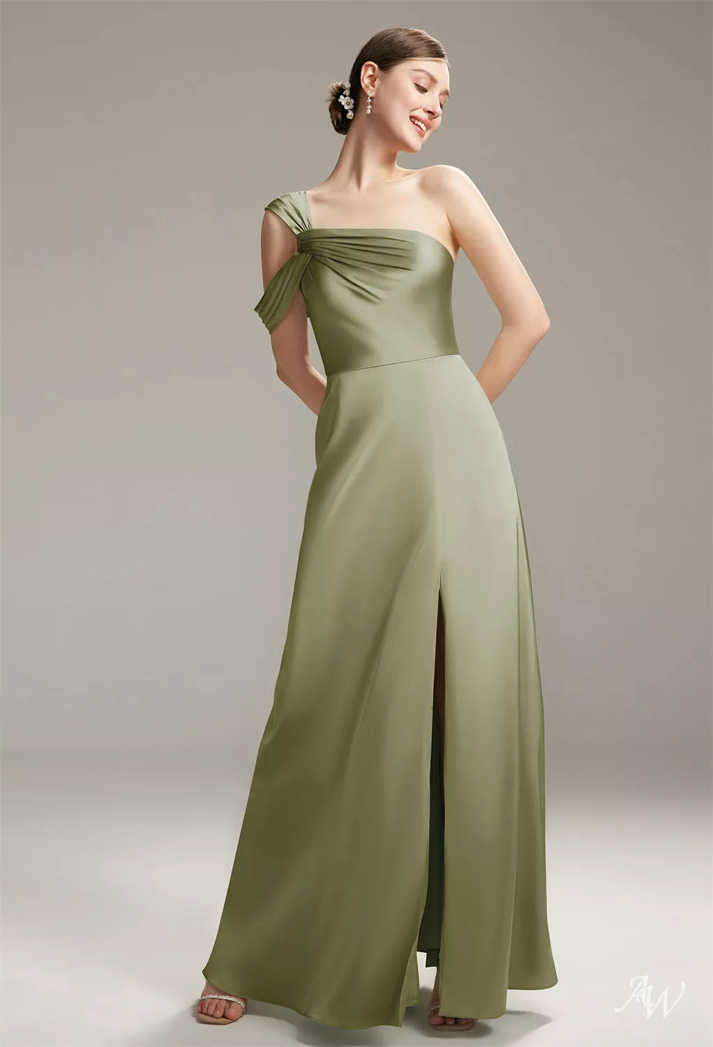 Light Olive Satin Chameuse Maxi Dress