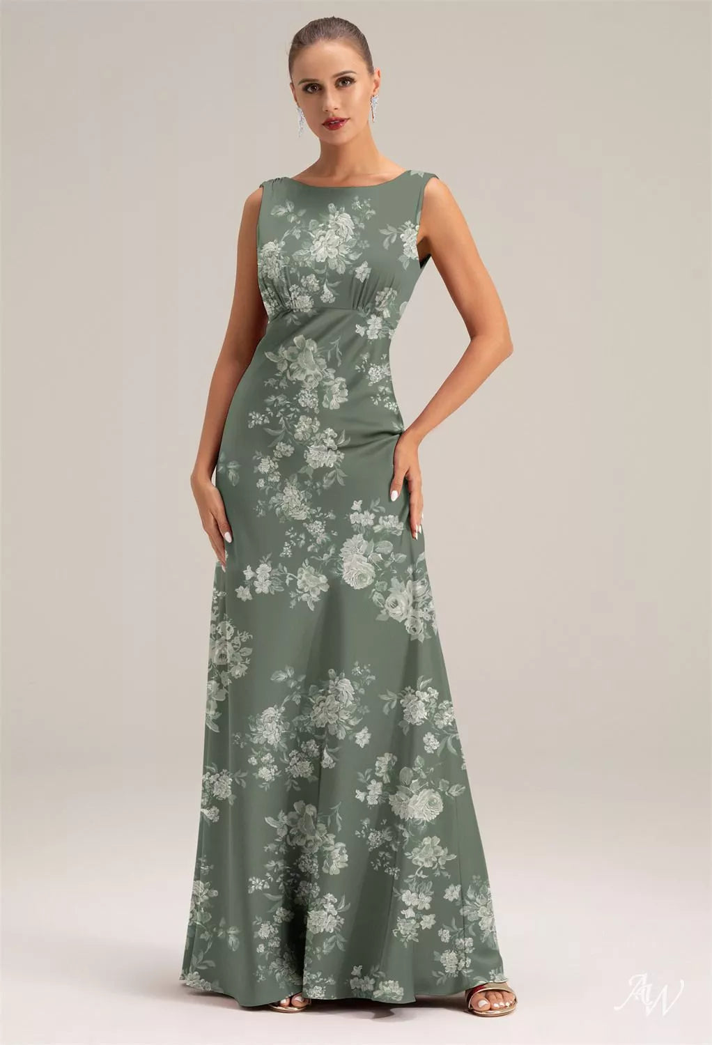 Olive Green Floral Satin Charmeuse Maxi Dress