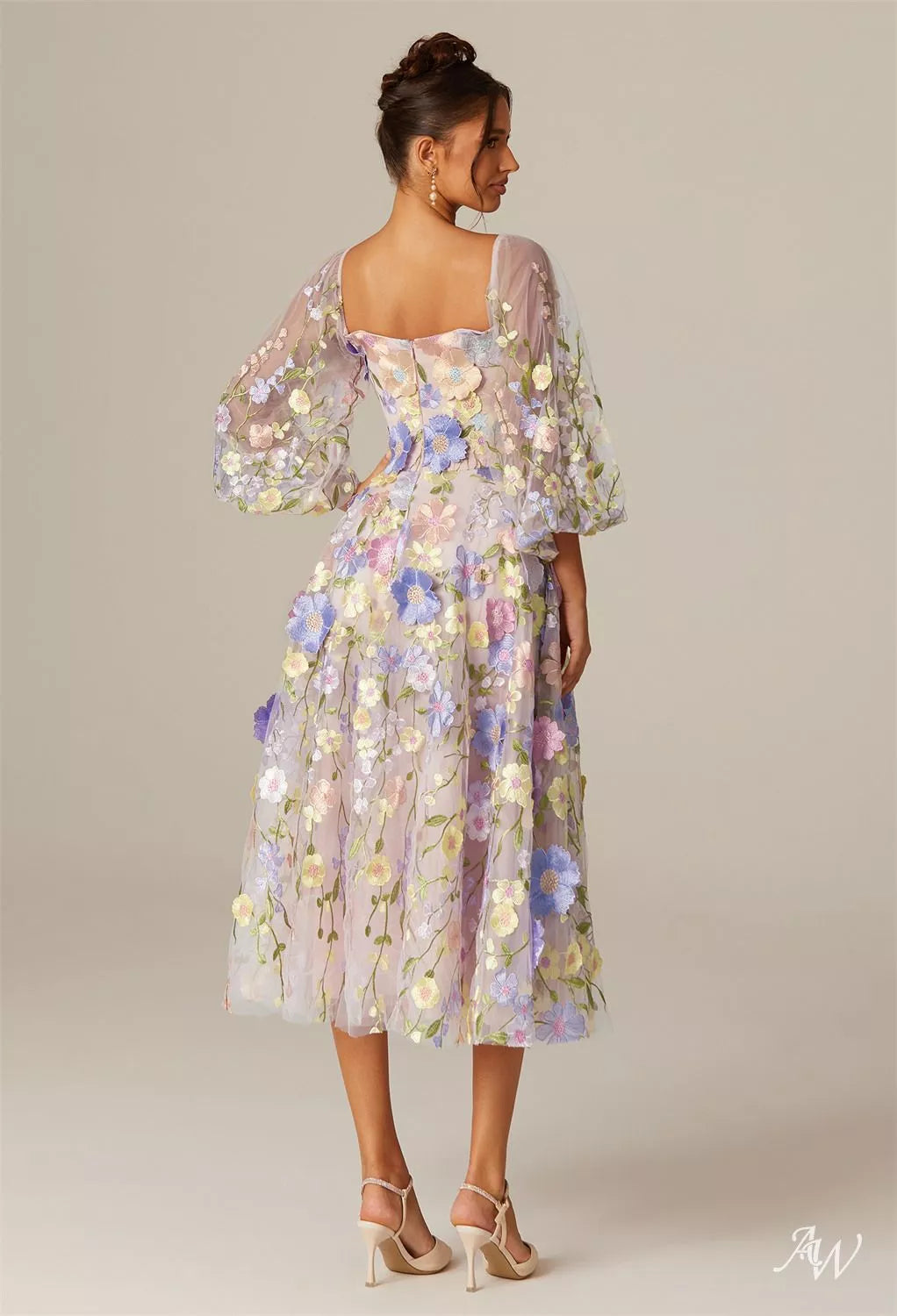 Short Puff Sleeve Floral Tulle A Line Midi Dress