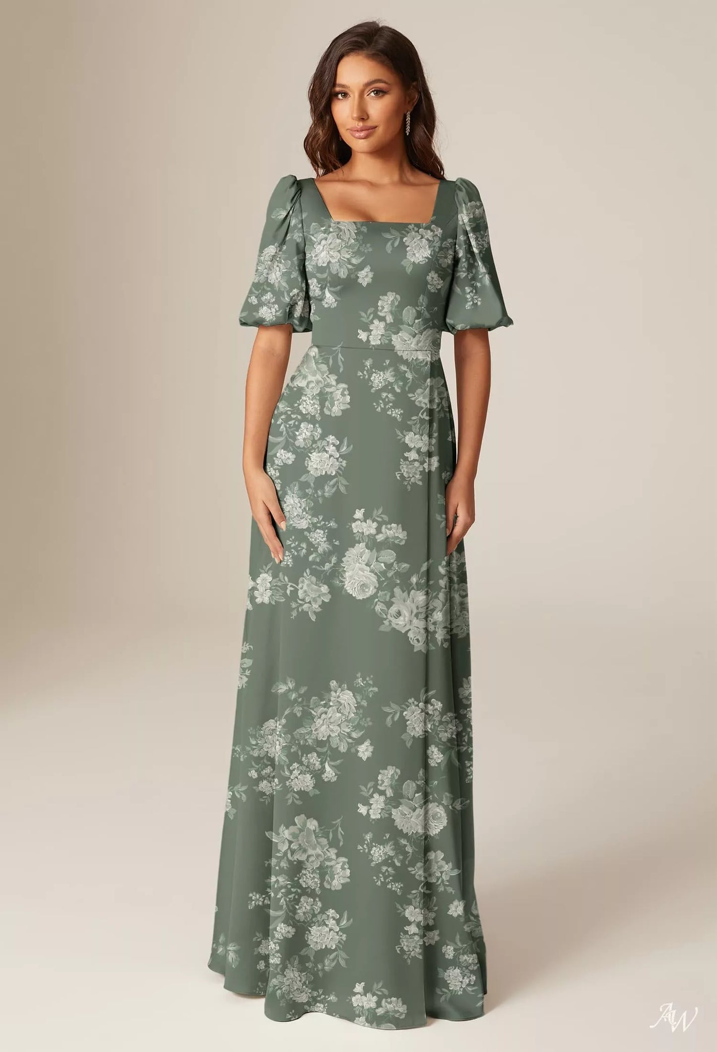 Olive Green Floral Satin Charmeuse Maxi Dress