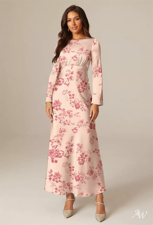 PINK CHERRY BLOSSOM FLORAL SATIN CHARMEUSE FORMAL MAXI DRESS