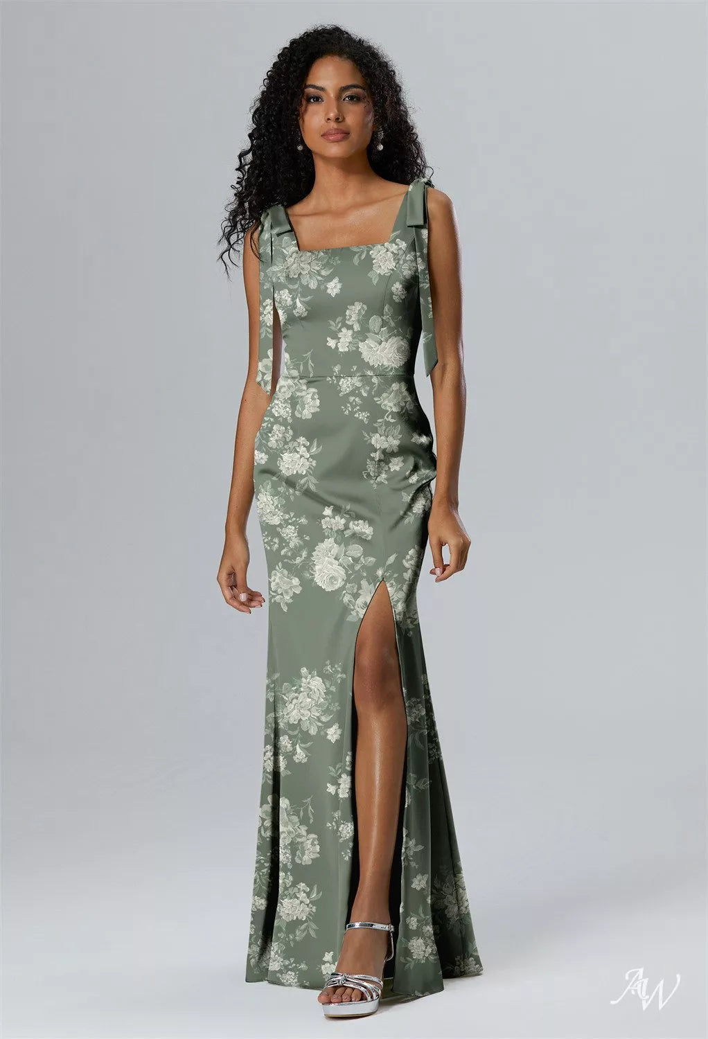 Olive Green Floral Satin Charmeuse Maxi Dress