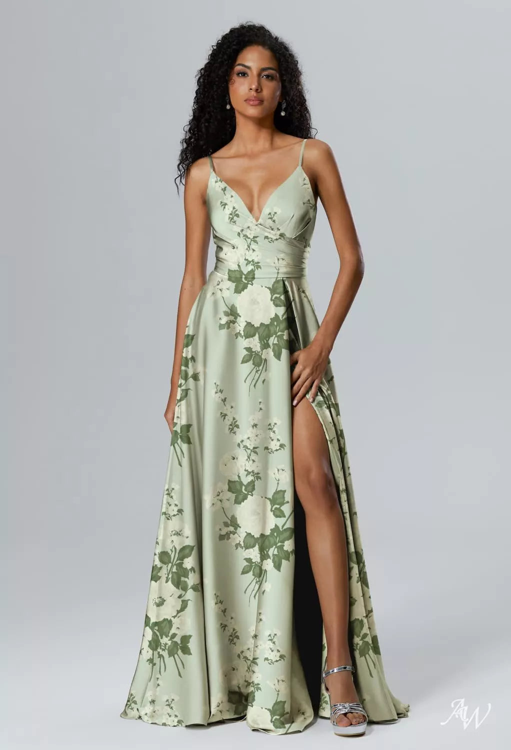 Satin Charmeuse Mottled Moss Green Maxi Dress
