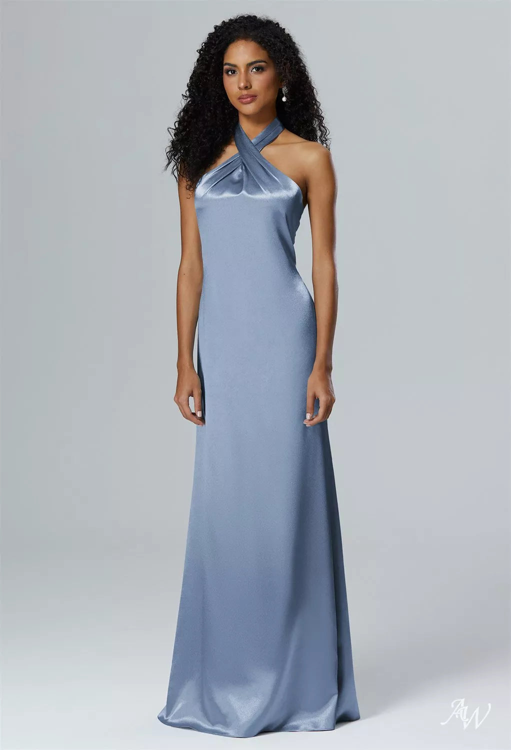 Dusty Blue Crystal Satin Maxi Dress