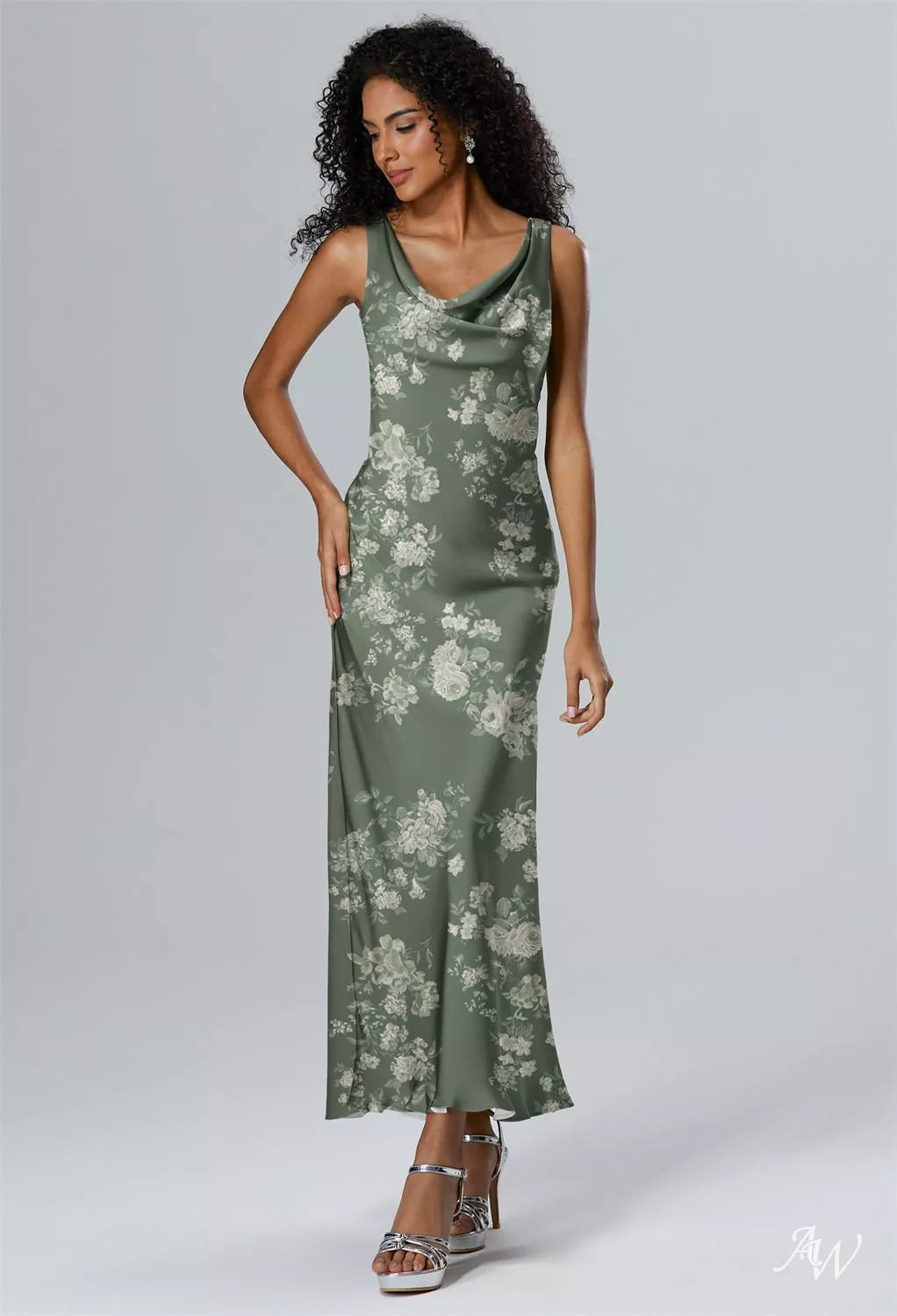 Olive Green Floral Satin Charmeuse Maxi Dress