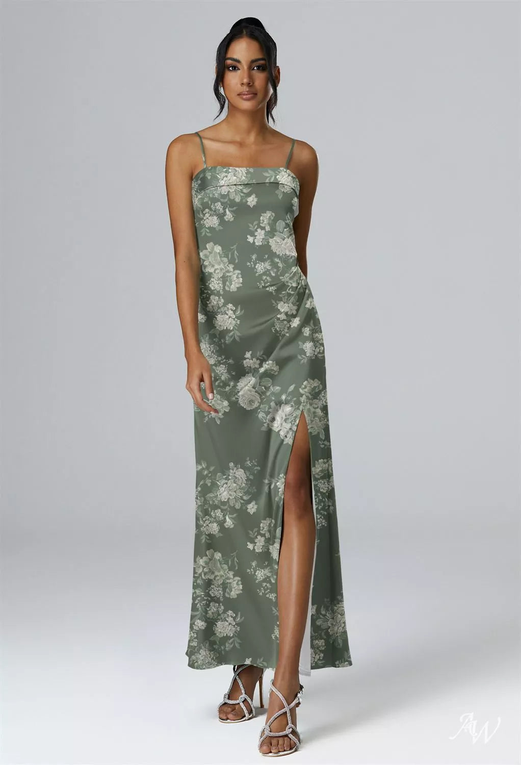 Olive Green Floral Satin Charmeuse Maxi Dress