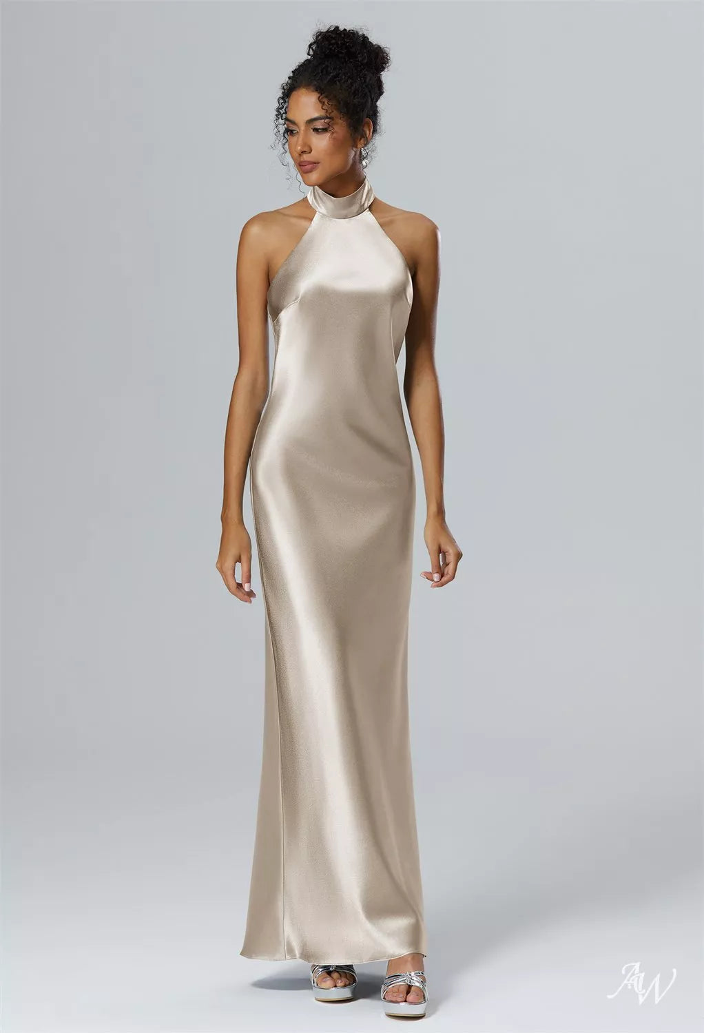Champagne Crystal Satin Long Formal Dress
