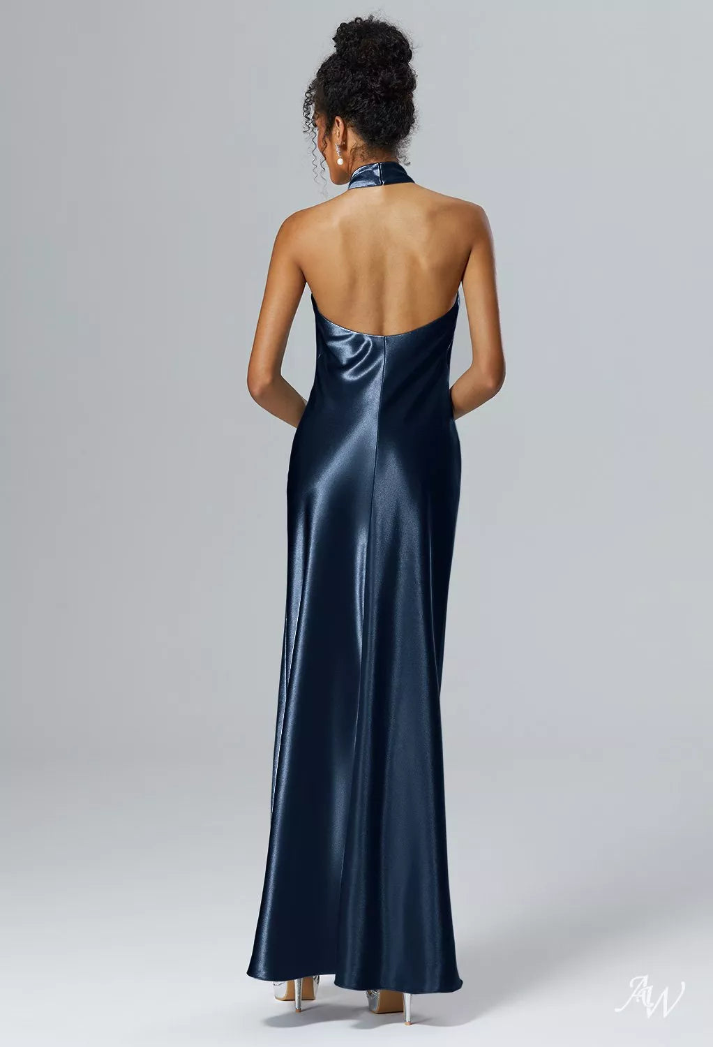 Dark Navy Halter Fitted Crystal Satin Maxi Dress