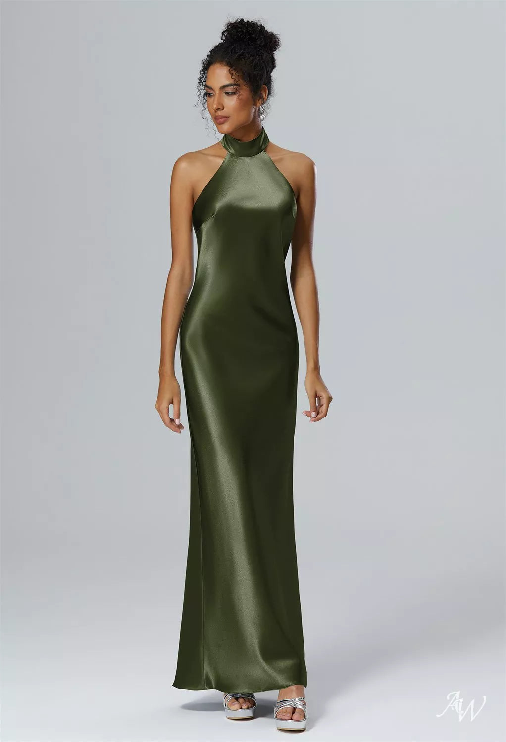 Olive Green Crystal Satin Maxi Dress