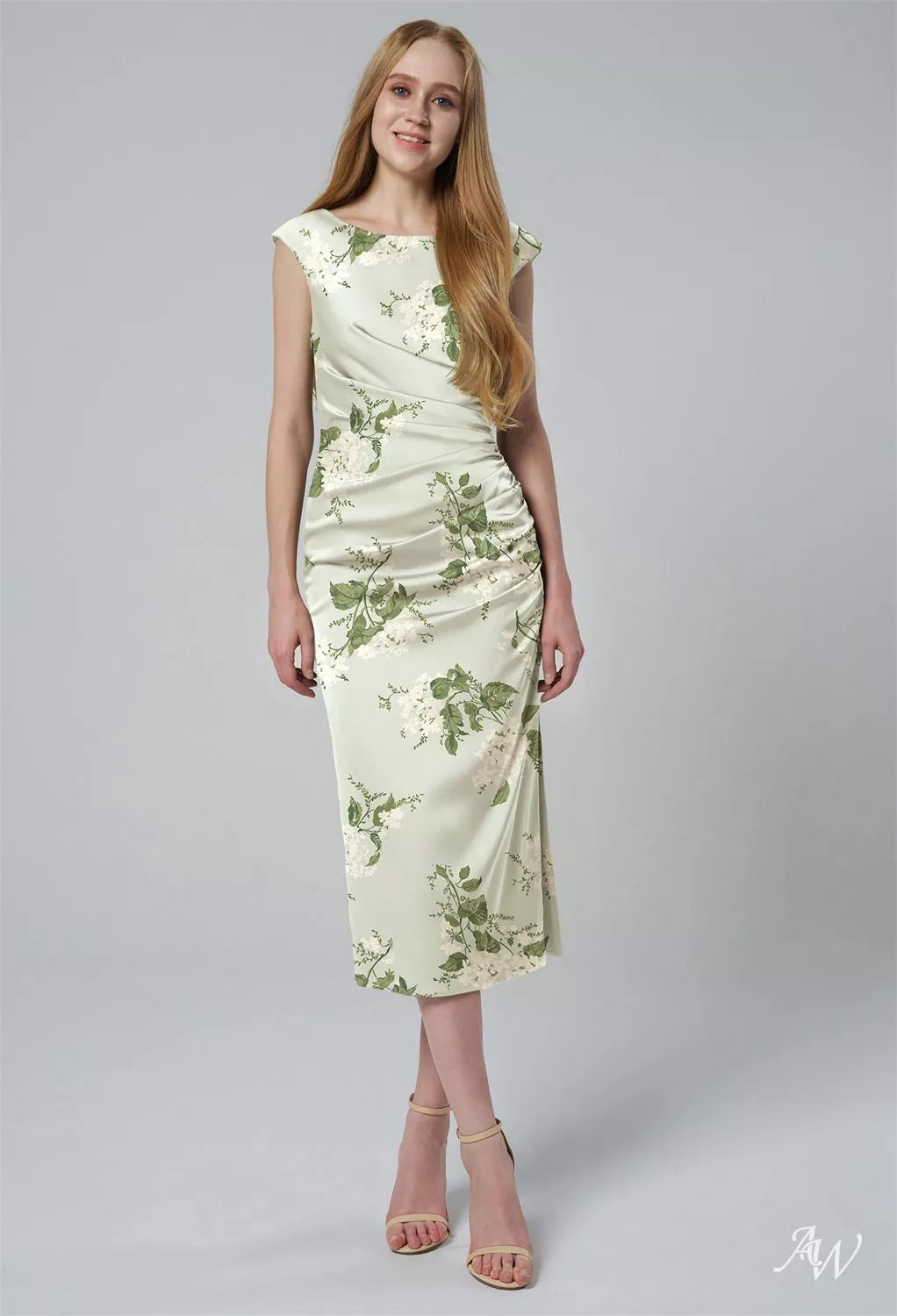Sage Garden Party Floral Midi Formal Dress