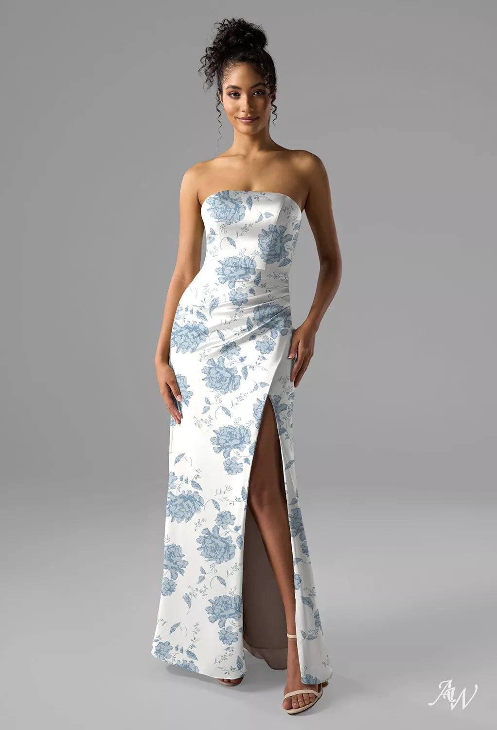 DUSTY BLUE PEONIE FLORAL SATIN CHARMEUSE LONG FORMAL DRESS
