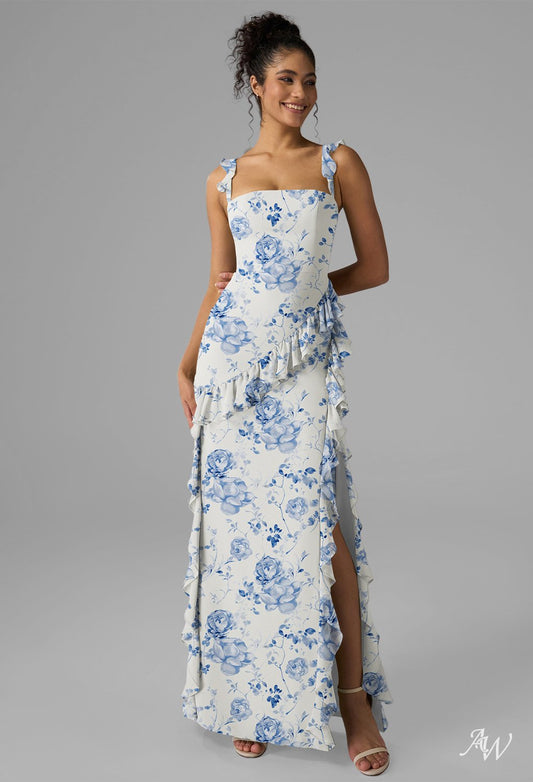 Sleeveless Square Neck Floral Chiffon Long Formal Dress with Side Slit