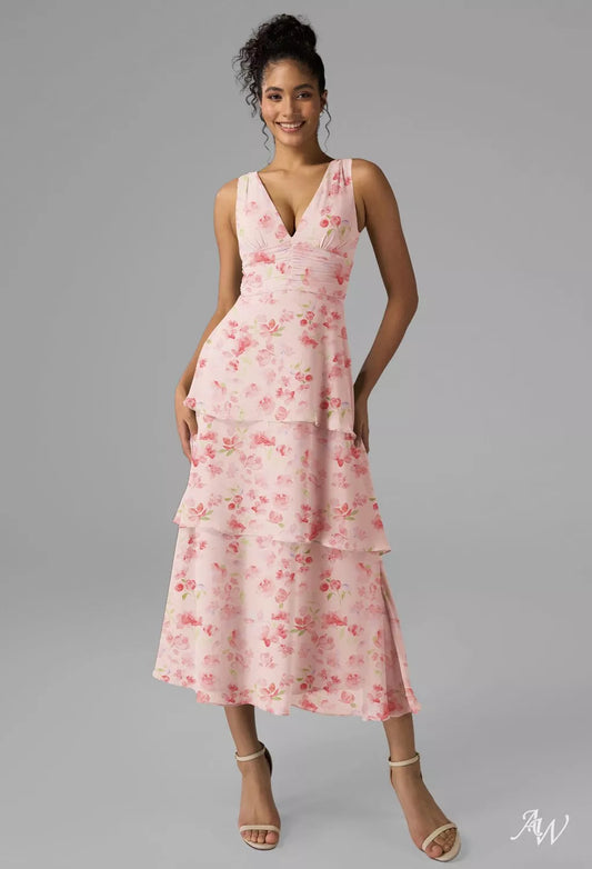 Sleeveless Peach Blossom Breeze Floral Chiffon Midi Dress