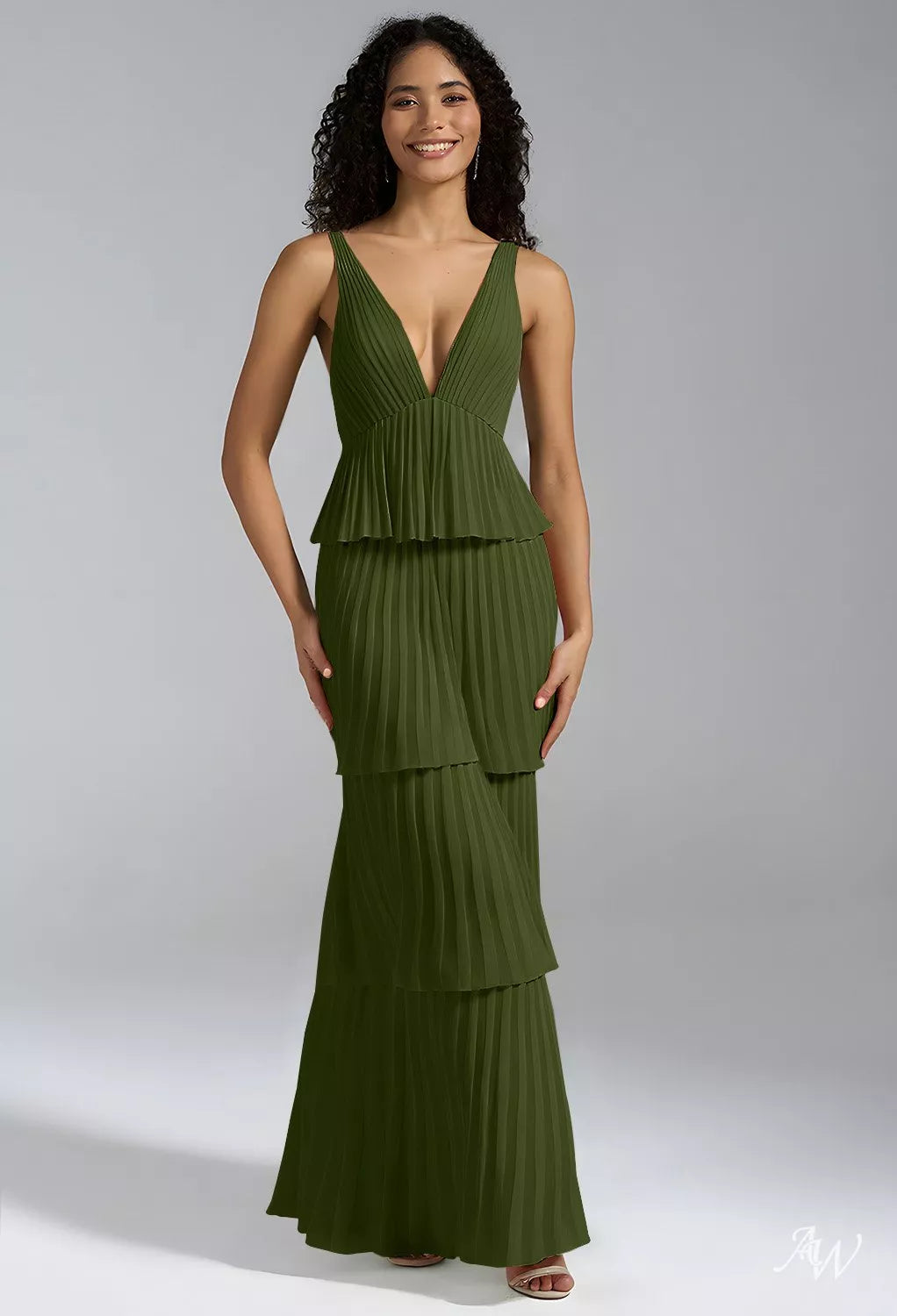 Olive Green Chiffon Formal Maxi Dress