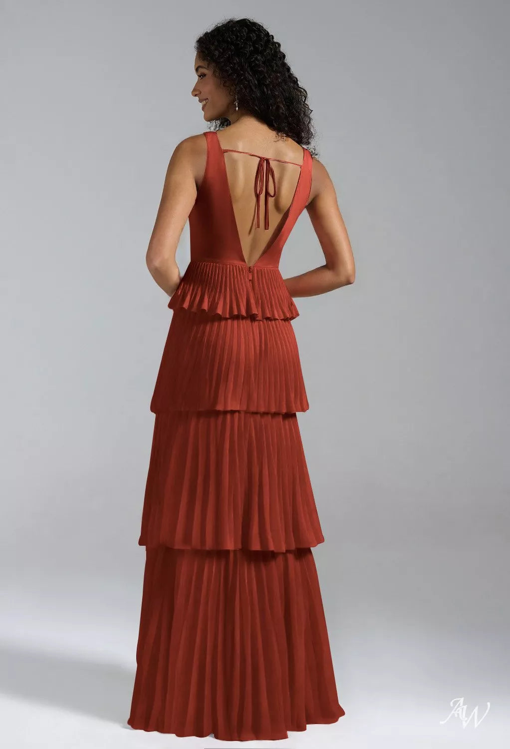 Rust Sleeveless Low V Neck Chiffon Tiered Long Formal Dress