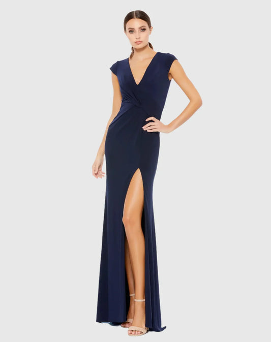 Sleeveless V Neck Ruched Jersey Long Formal Dress with Side Slit