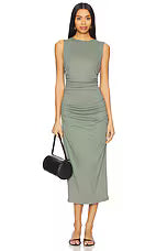 Sleeveless High Neck Stretch Midi Dress with Ruching