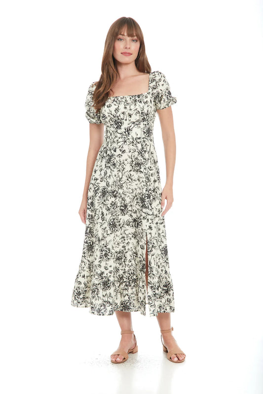 Short Puff Sleeve Square Neck Fit and Flare Floral Midi Dress with Smock Back